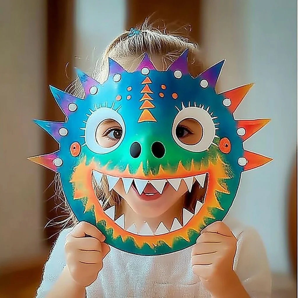 Colorful dinosaur paper plate mask for kids' craft activities.