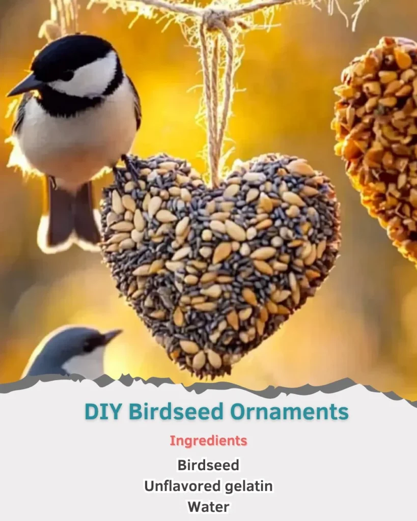 Colorful DIY birdseed ornaments hanging in a garden