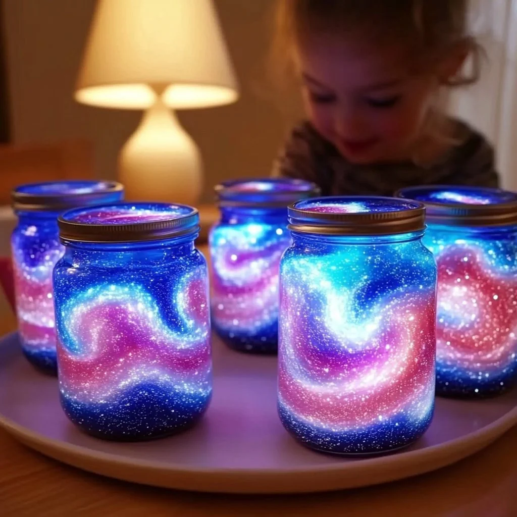 Colorful DIY Galaxy Jars filled with shimmering stars and cosmic colors.