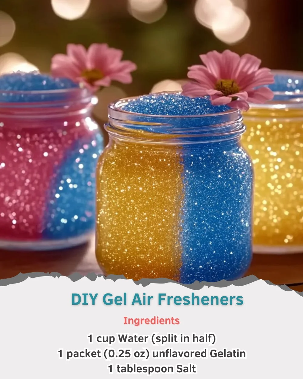 Homemade gel air fresheners in glass jars surrounded by natural ingredients.