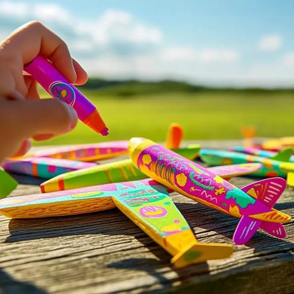 Colorful DIY gliding foam airplanes ready for takeoff