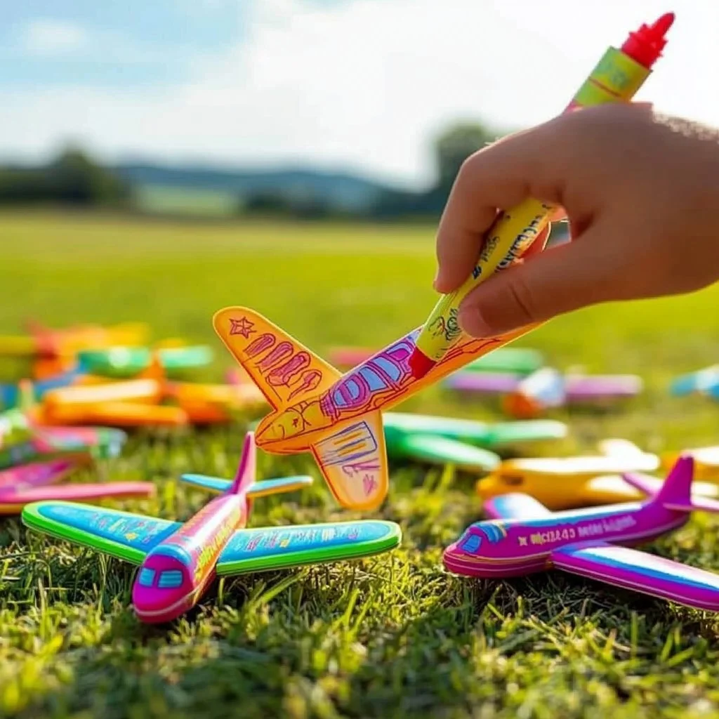 DIY gliding foam airplanes ready for takeoff in a sunny outdoor setting.