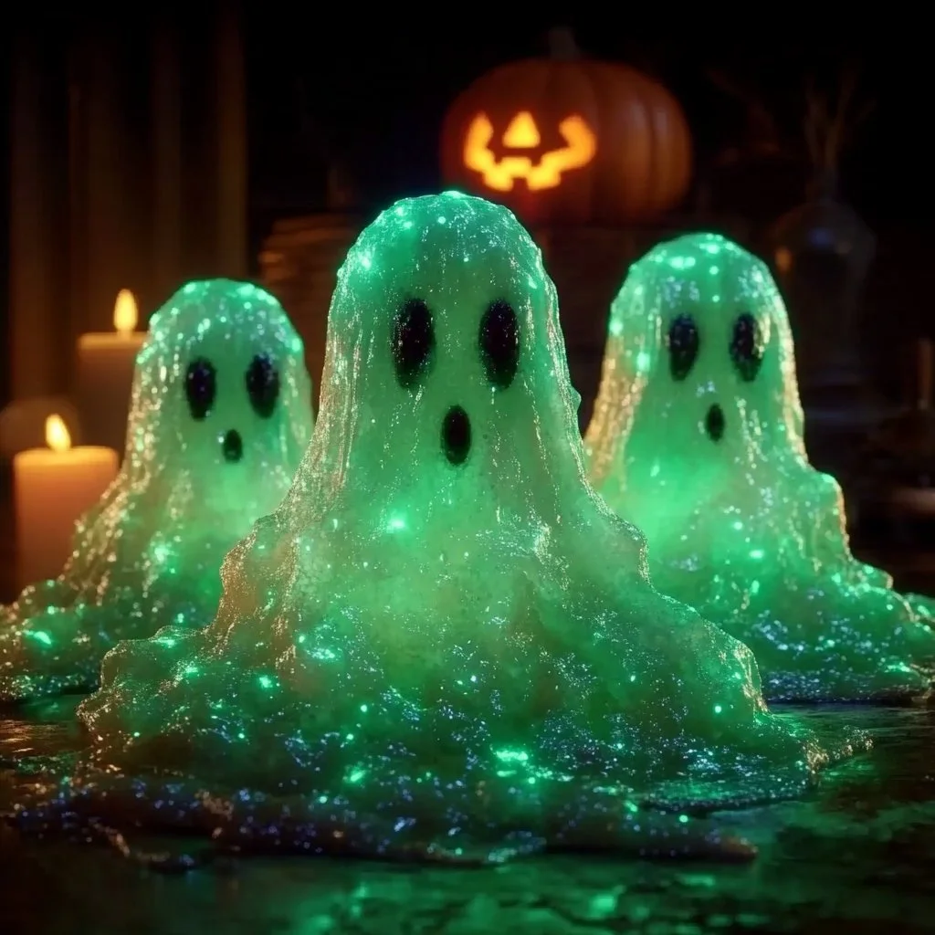 A jar of DIY glowing ghost slime glowing in the dark for Halloween activities.