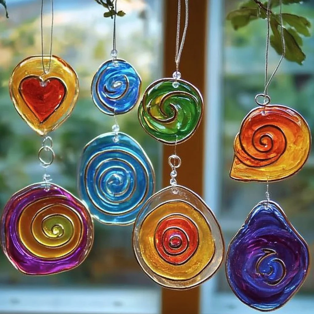 Colorful DIY glue suncatchers made with vibrant shapes and designs.