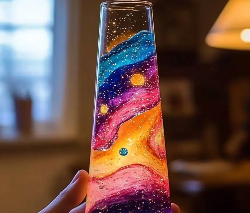 DIY lava lamp suncatcher project with colorful liquid and bubbles