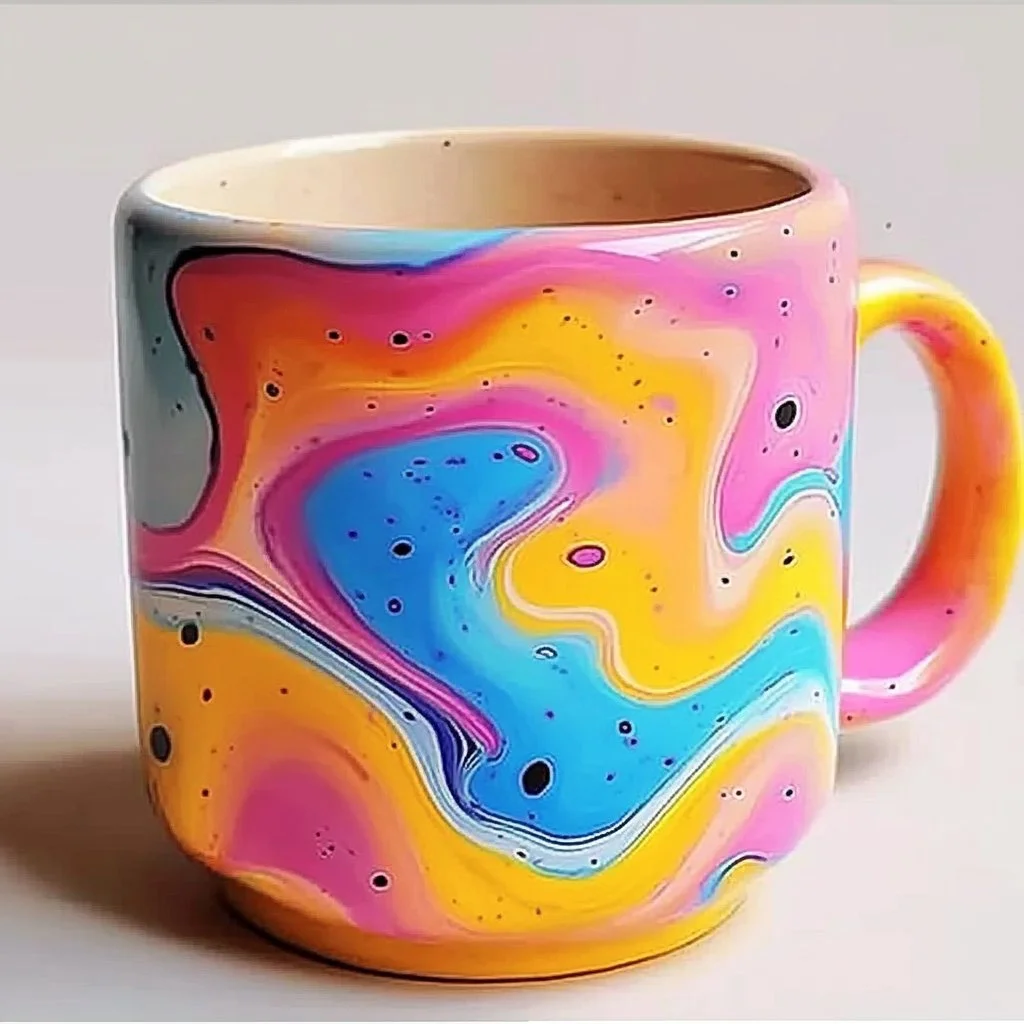 DIY marbled mug art project with colorful patterns and creative design