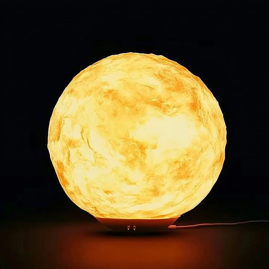 Customized DIY moon lamp glowing softly in a dark room