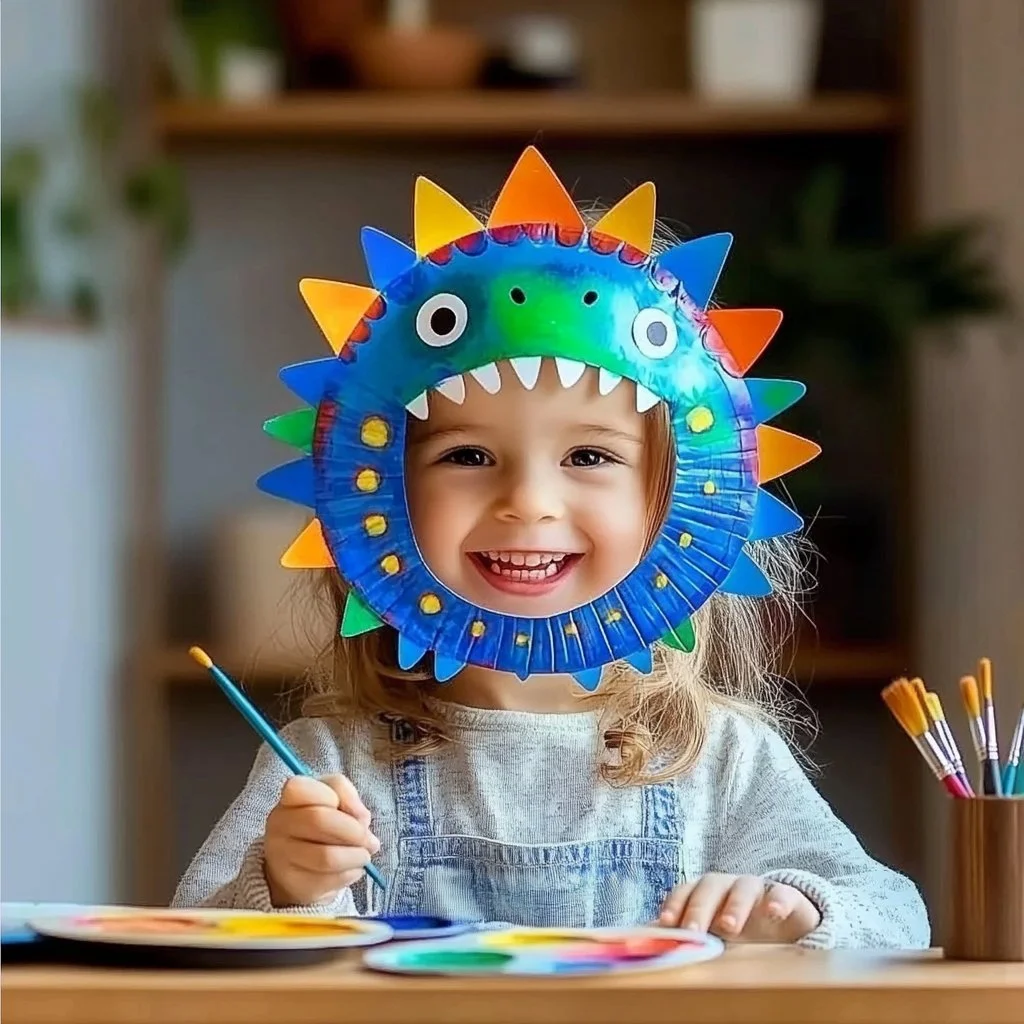 DIY paper plate dinosaur mask for kids' craft projects