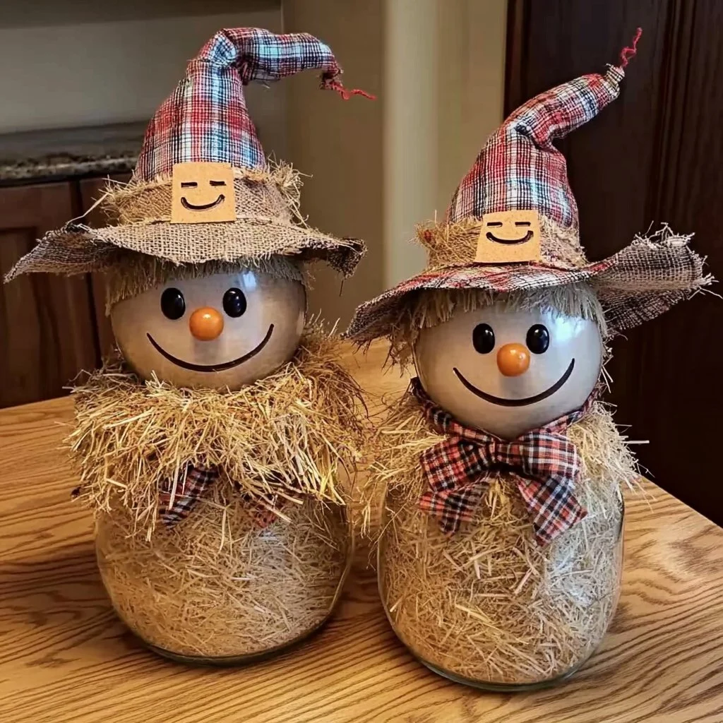 Colorful DIY scarecrow jars for autumn decoration