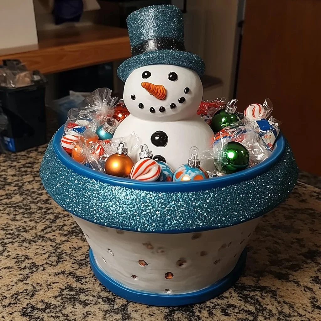 DIY snowman candy dish made from clay pots