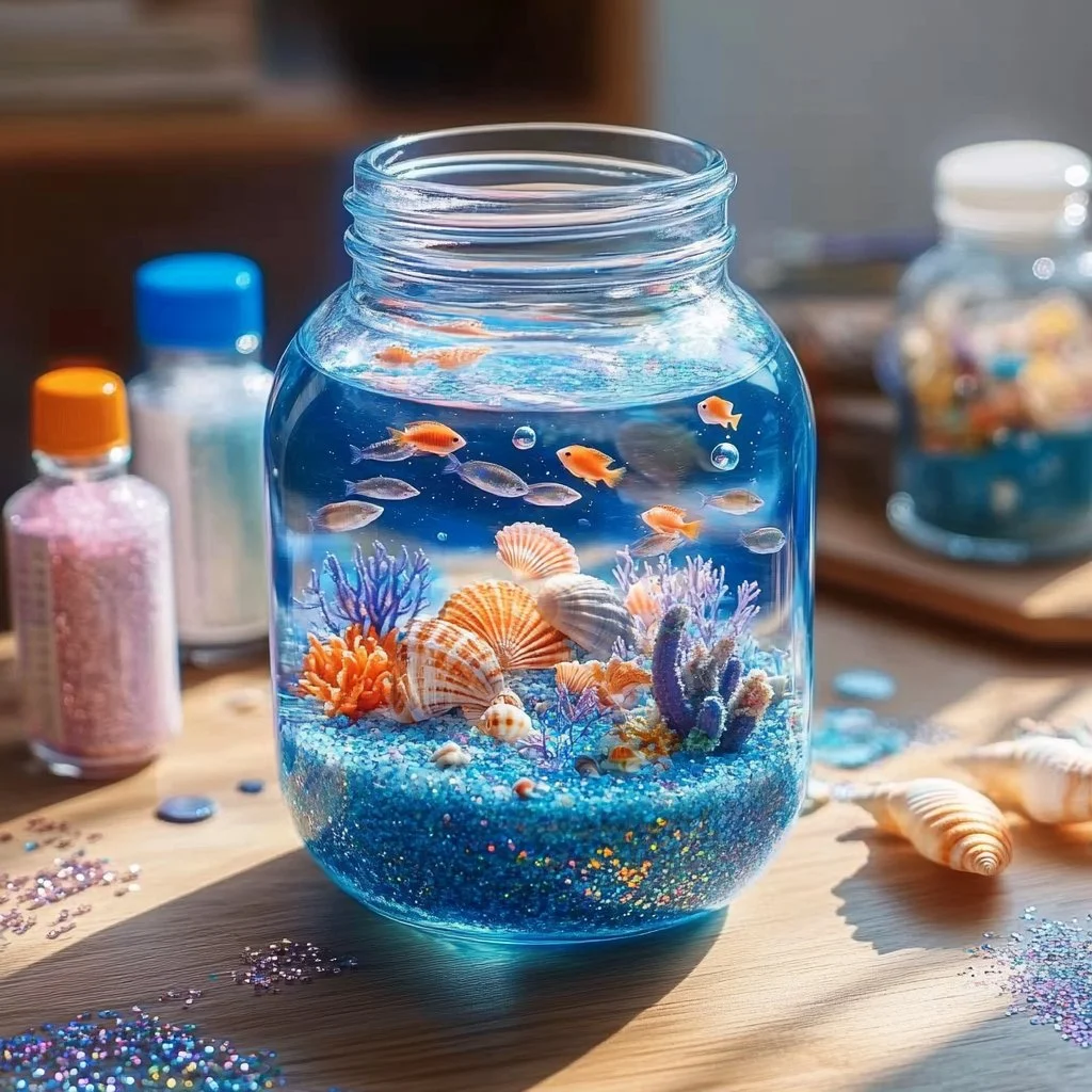 DIY under the sea snow globe featuring marine life and shimmering water.