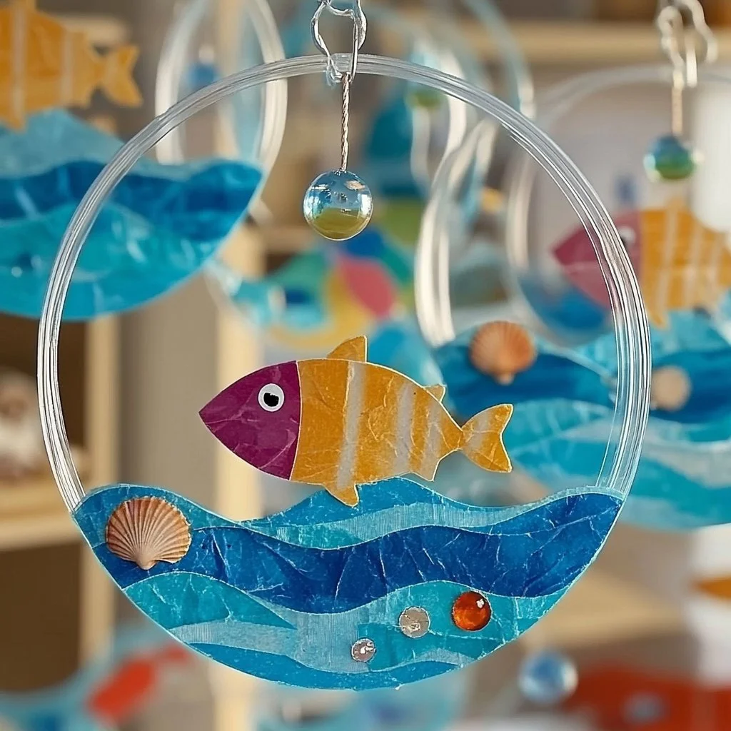 DIY underwater suncatchers creating colorful reflections in water.