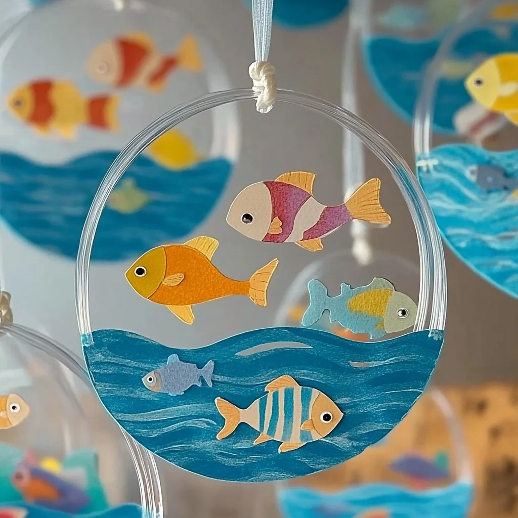 Colorful DIY underwater suncatchers hanging in a sunlit aquarium.