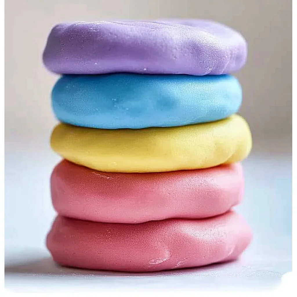 Colorful easy homemade playdough in various shapes on a table