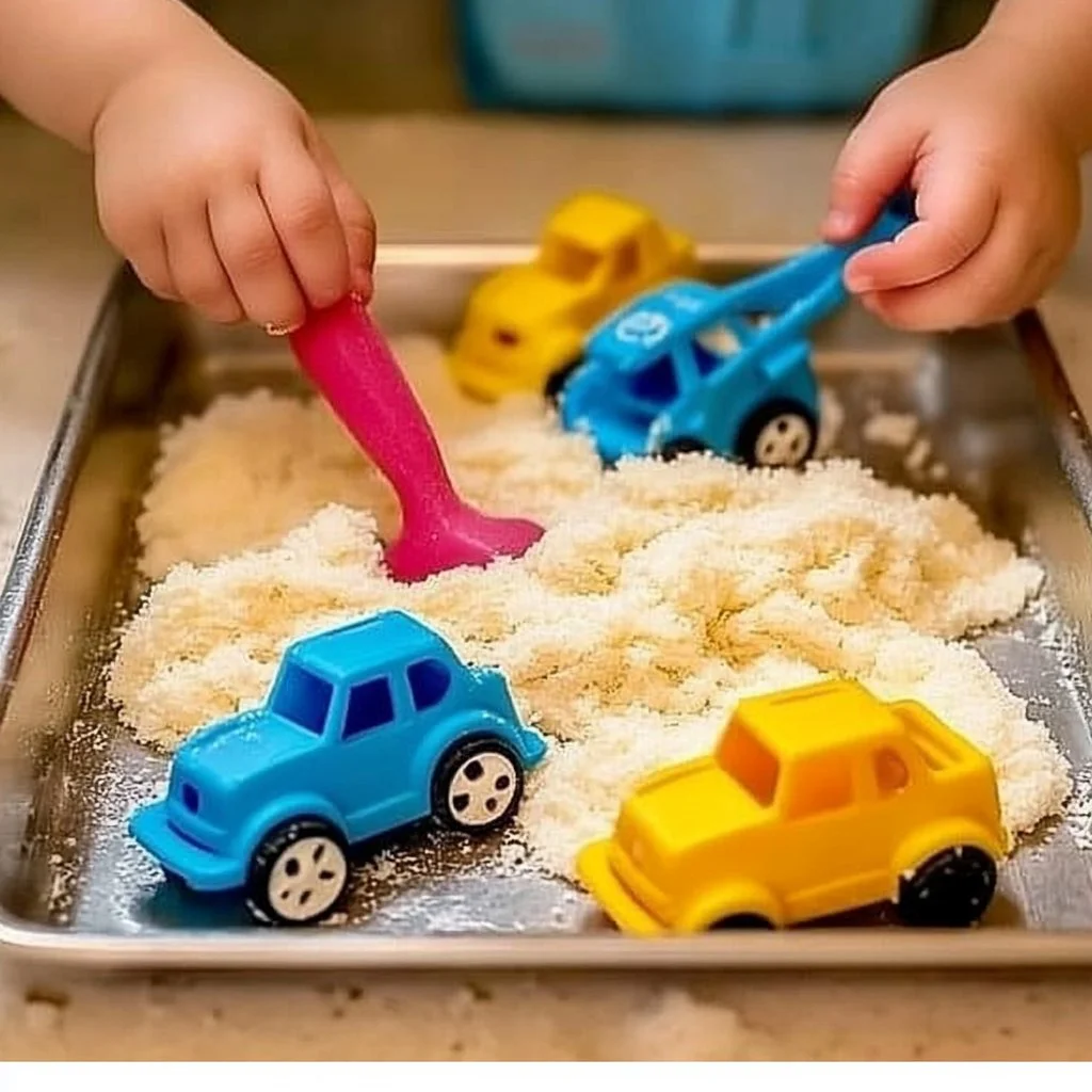 A container of colorful easy moon sand for child play and creativity.