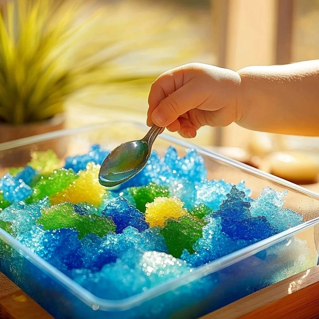Children enjoying an edible ocean sensory bin treasure hunt activity.