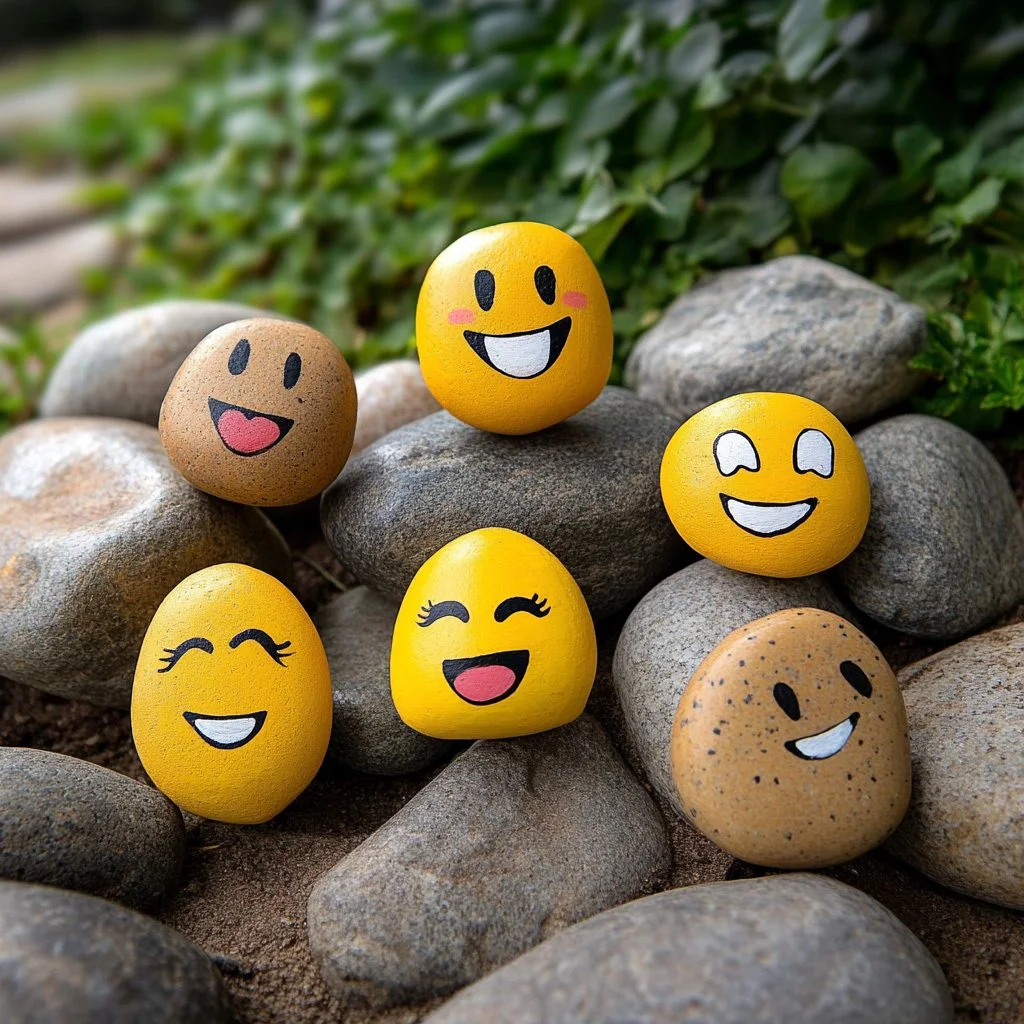 Colorful emoji painted rocks showcasing various expressions and designs.