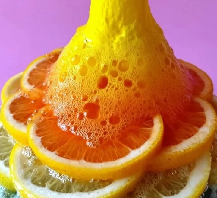 A colorful lemon volcano erupting with vibrant liquid for a fun science experiment.