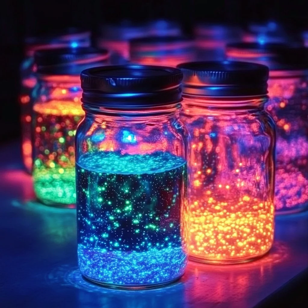 A beautifully crafted fairy glow jar glowing in the dark with decorative elements.