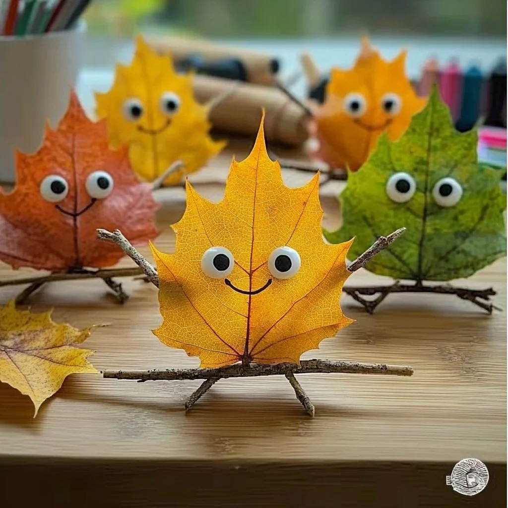 A colorful Fall Leaf People Craft made from autumn leaves and twigs.