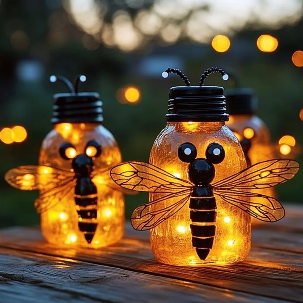Fireflies made from recycled bottles illuminating a night scene.