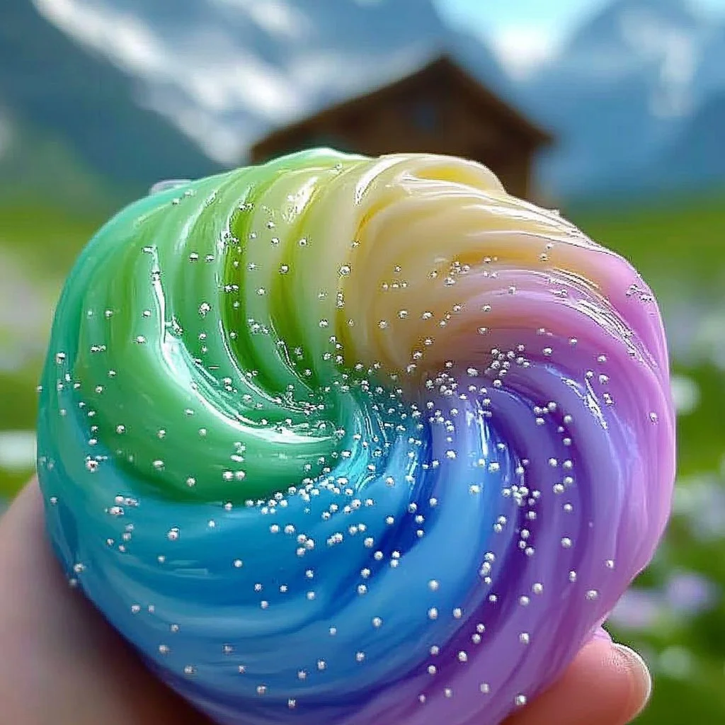 Colorful fizzy slime with bubbles and sparkles in a clear container.