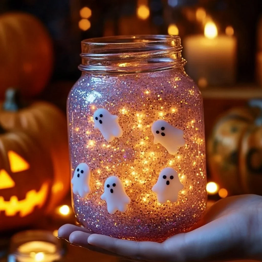Floating ghost sensory jar full of colorful objects for sensory play