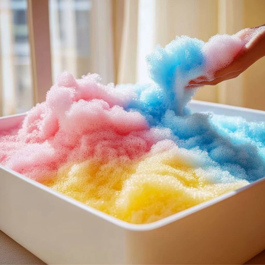 Bubbling fluffy dish soap foam for effective cleaning