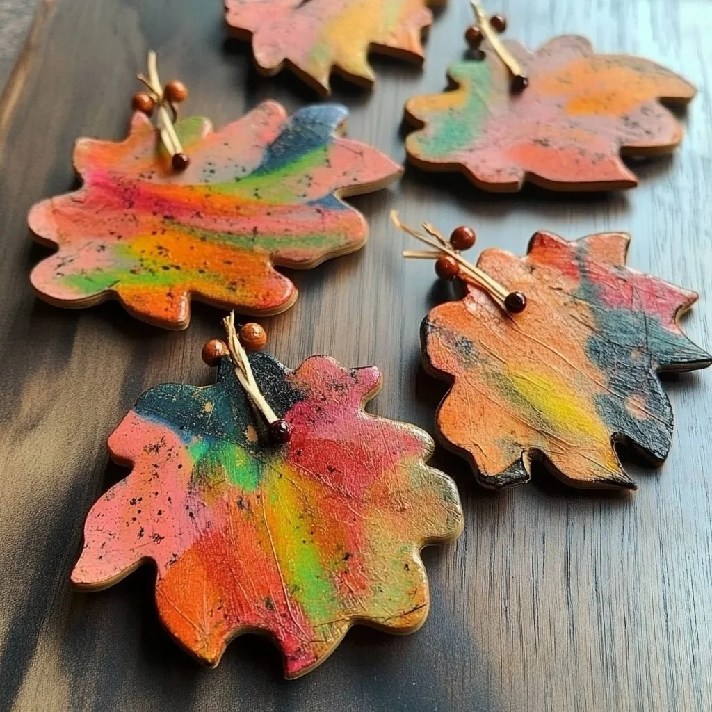 Colorful melted crayon leaf ornaments hanging on a tree
