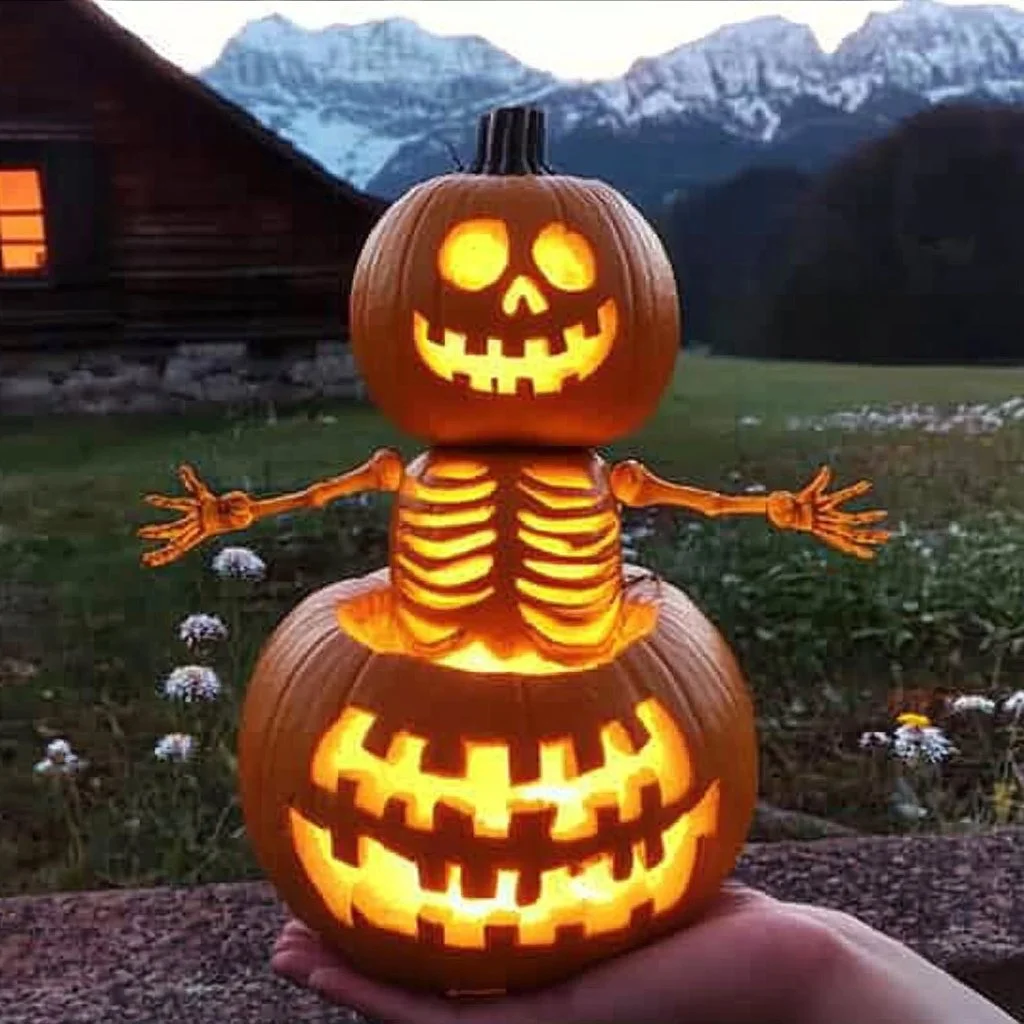 Friendly spooky skeleton pumpkin stack for Halloween decoration