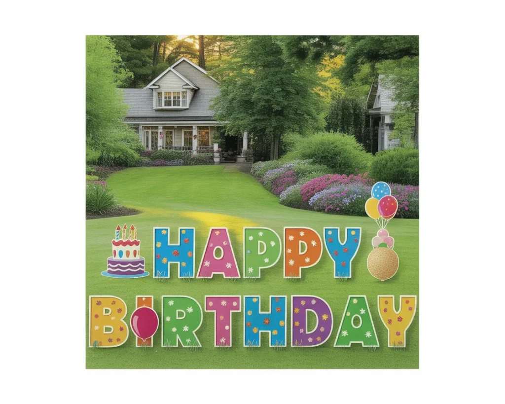 Colorful yard decorations for birthdays featuring vibrant signs and fun themes.