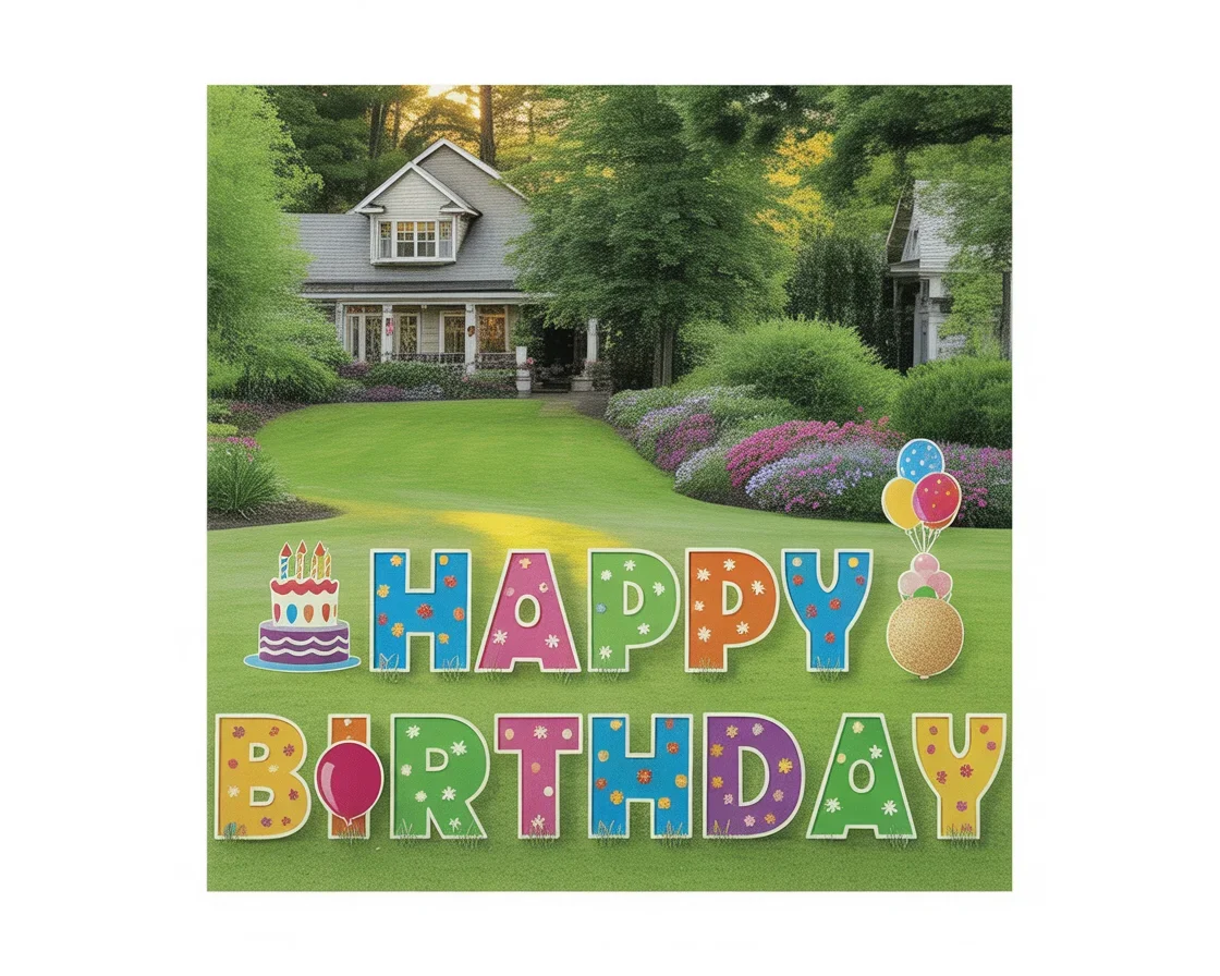 Colorful yard decorations for birthdays featuring vibrant signs and fun themes.