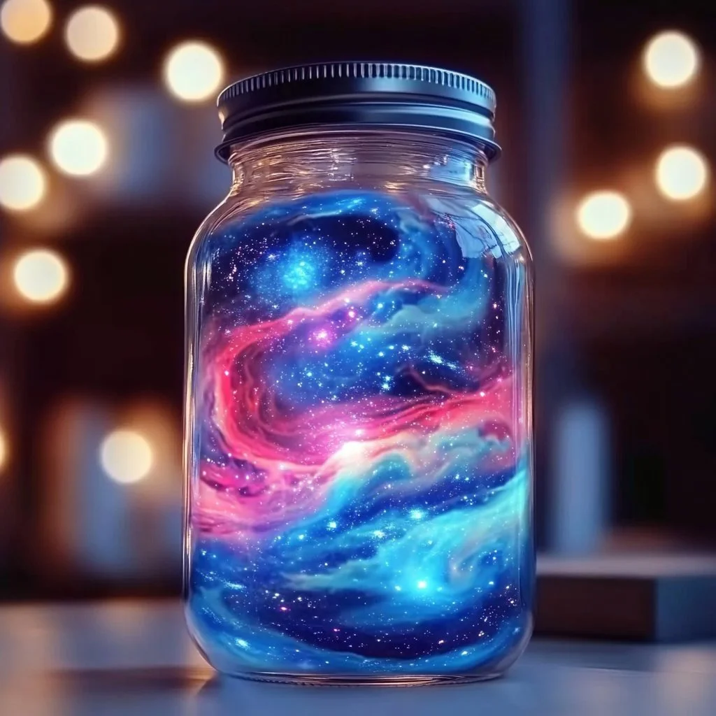 DIY galaxy in a jar project showcasing colorful swirling stars and cosmic elements.