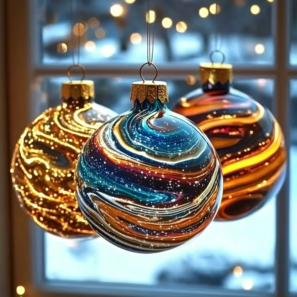 Colorful galaxy ornaments featuring stars and cosmic designs