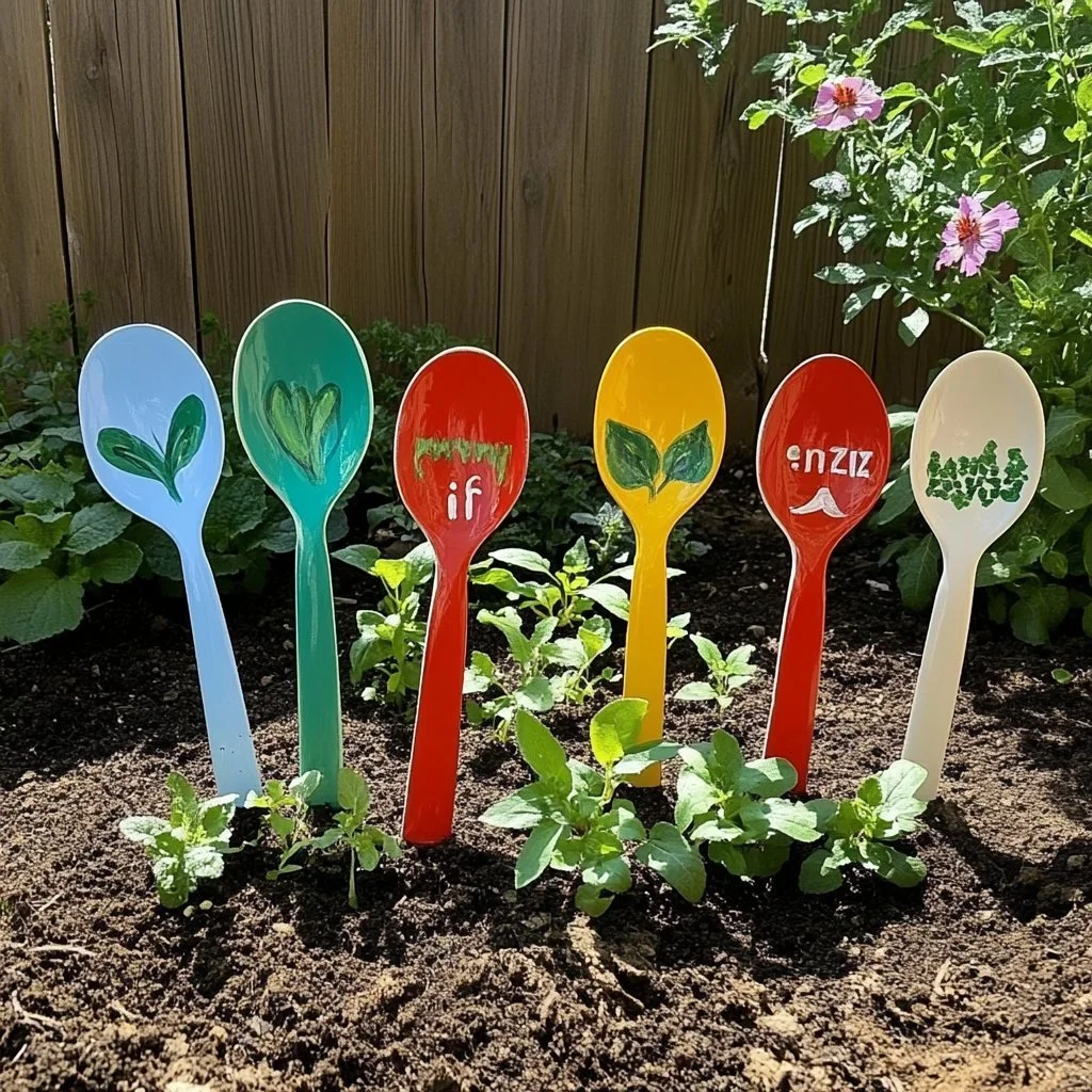 Handcrafted garden spoon markers for plant labeling and garden decoration.
