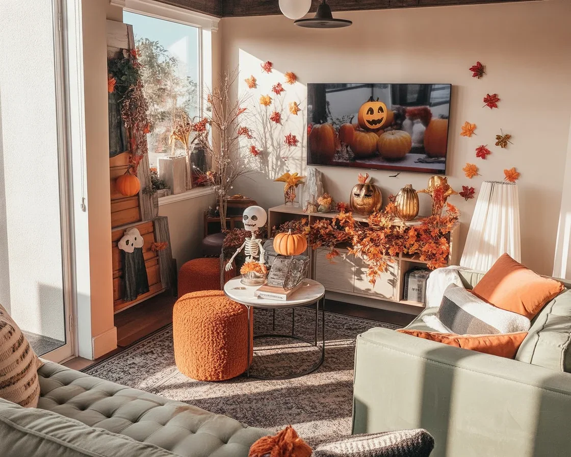 DIY Halloween living room decor ideas showcasing spooky and cozy decorations.