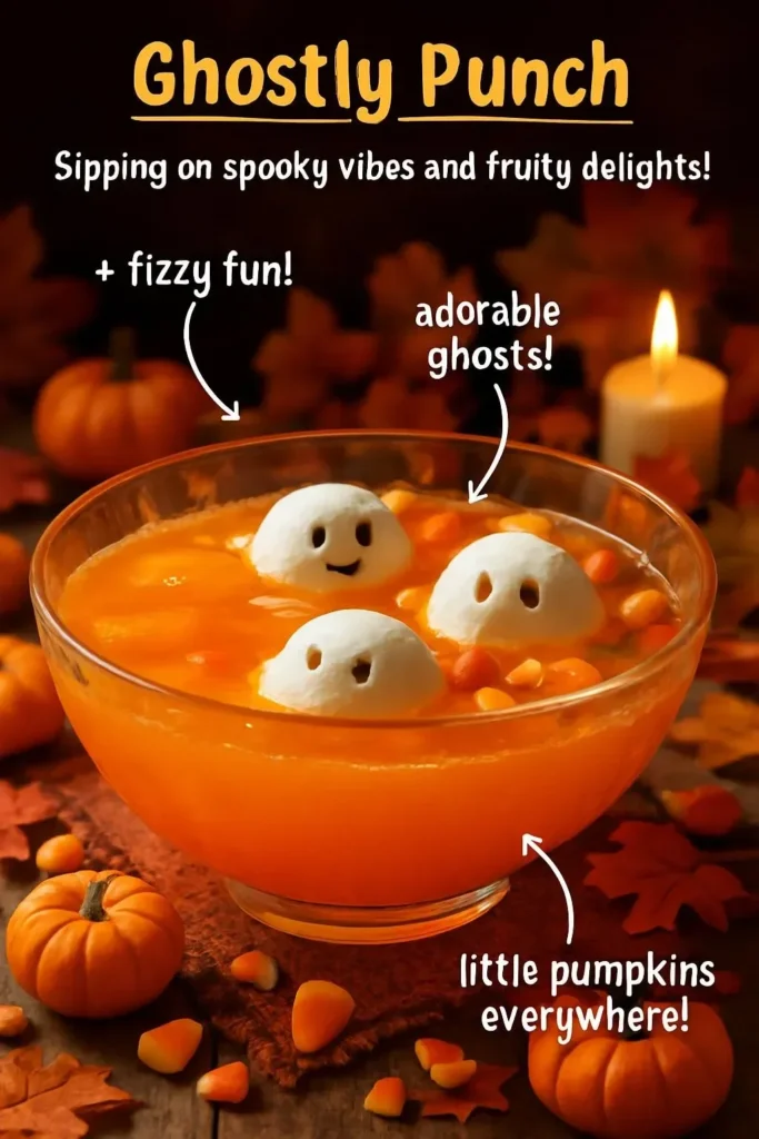 A spooky Ghostly Punch cocktail served in a glass with ghost-themed decorations.