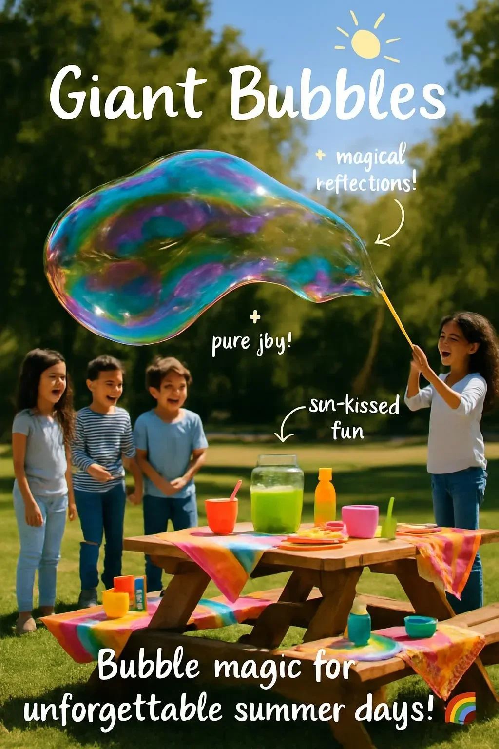 A colorful giant bubble floating in the air, mesmerizing onlookers.