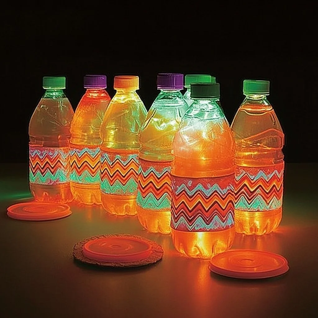 Glow-in-the-dark bottle bowling setup with glowing pins and balls