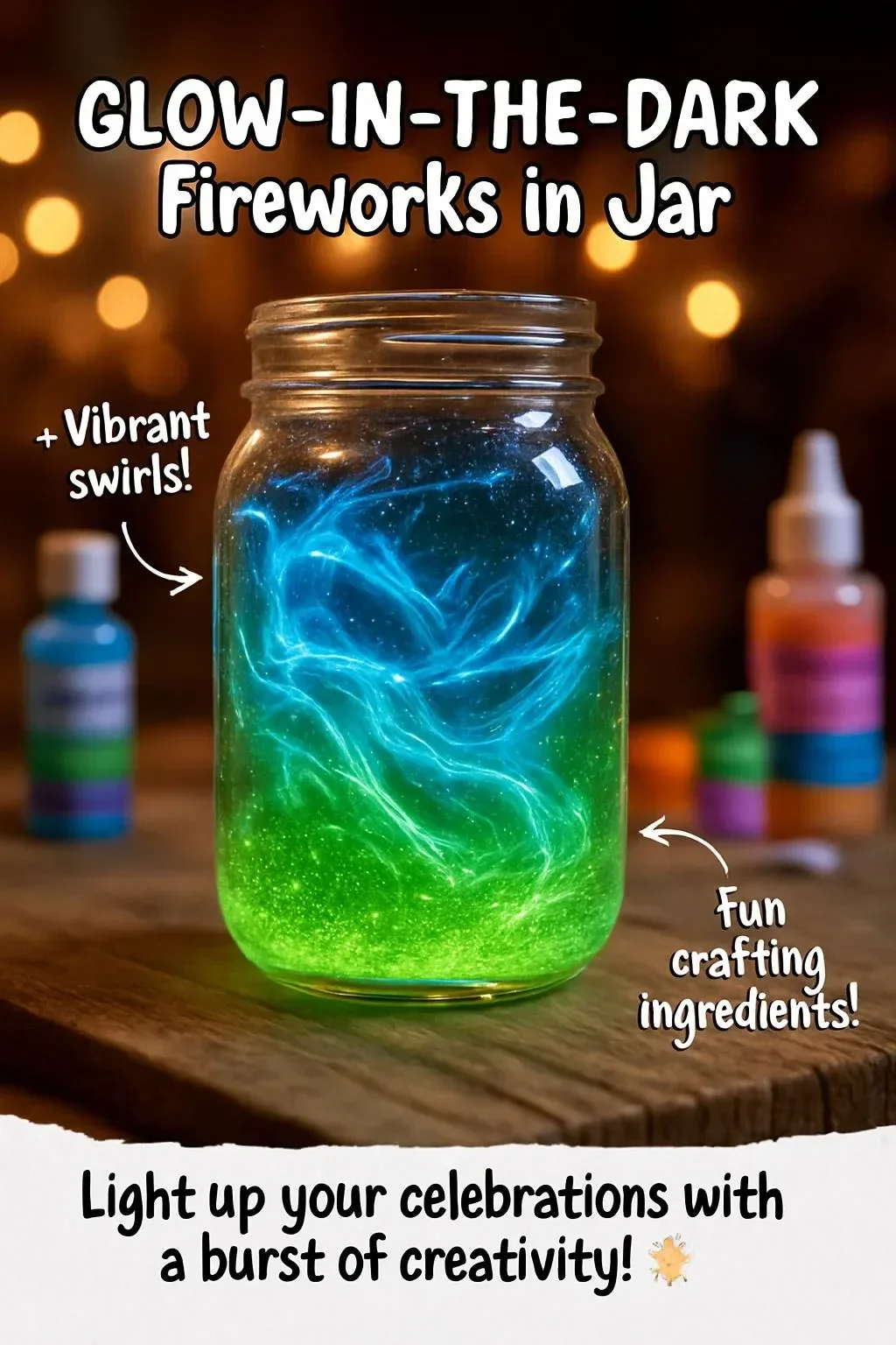 Glow-in-the-dark fireworks in a jar creating a magical atmosphere