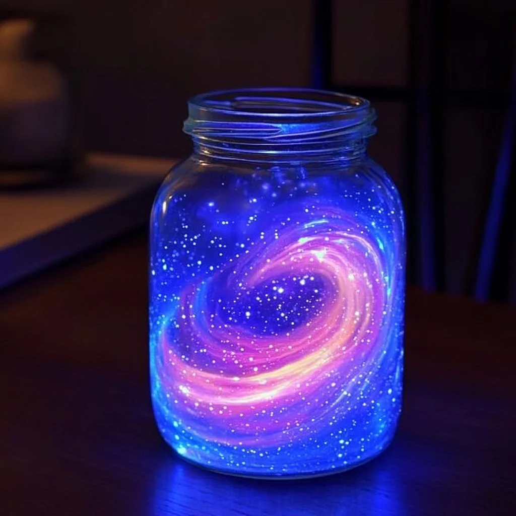 Handmade glow-in-the-dark galaxy jars with colorful stars and planets