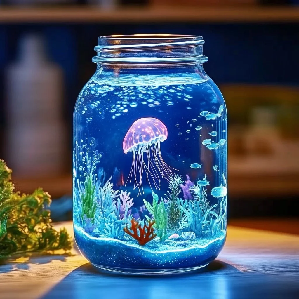 A homemade Glow-in-the-Dark Ocean Jar illuminating a magical underwater scene.