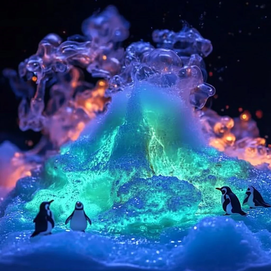 A stunning view of the glowing Arctic Eruption illuminating the icy landscape.