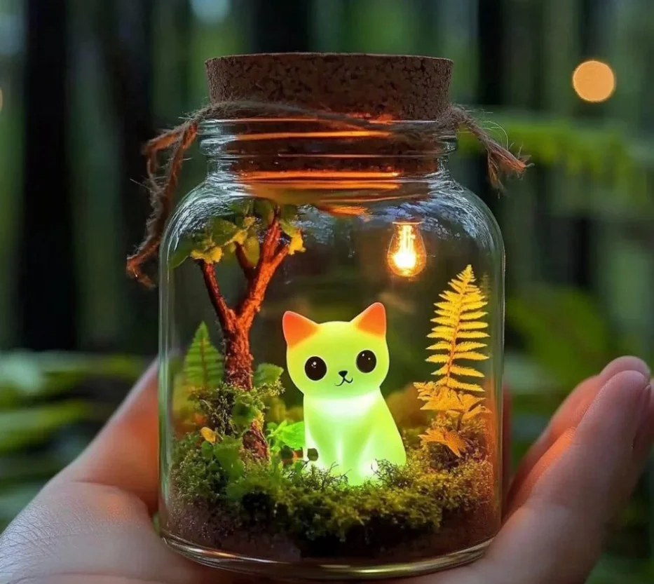 Glowing Cat Jar Terrarium showcasing a magical forest scene with a cat figurine