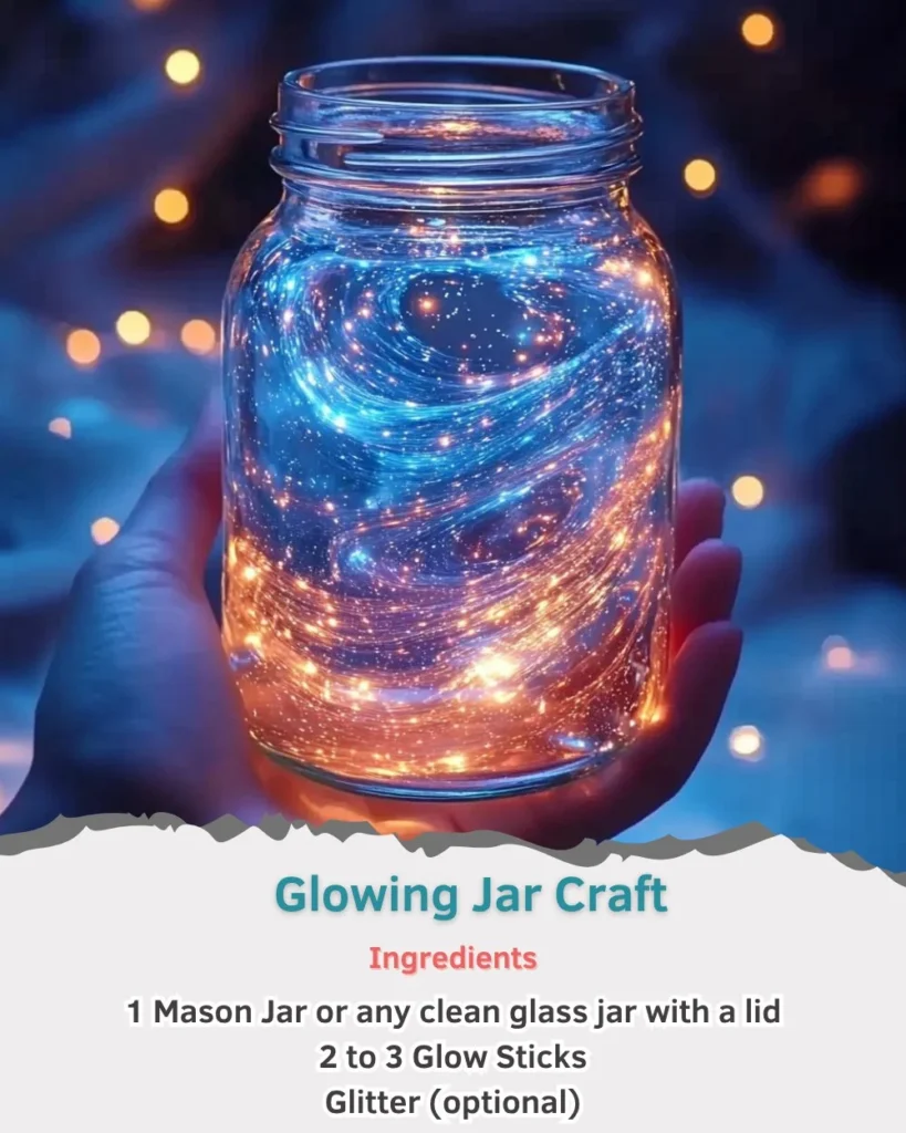 Glowing jar craft illuminated with bright colors and placed on a table.