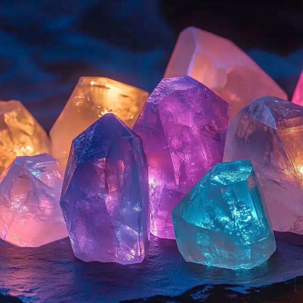 Glowing moon rocks shining in the dark, showcasing their unique luminescence.