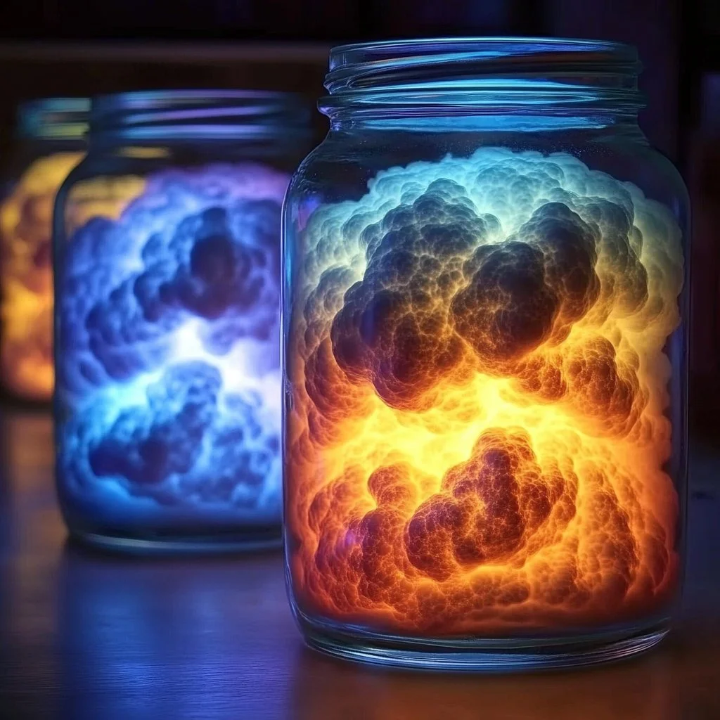 Glowing rainbow thundercloud in a jar, showcasing colorful light effects.