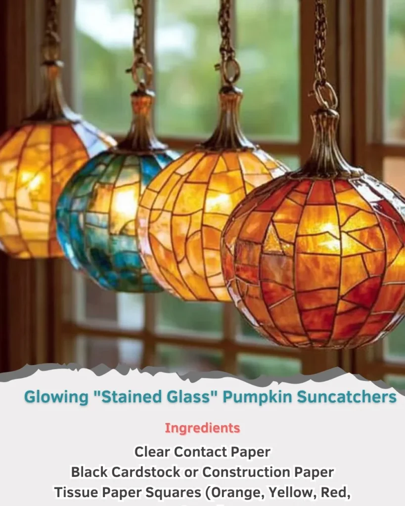 Glowing stained glass pumpkin suncatchers in vibrant fall colors