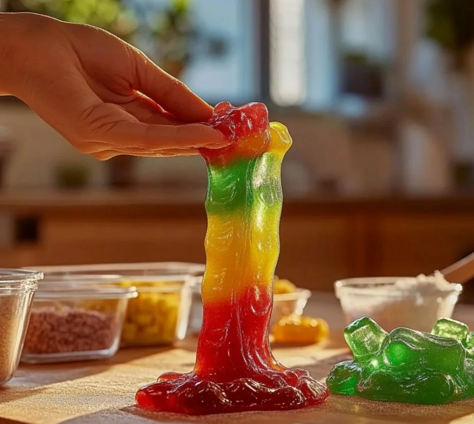 Colorful edible gummy slime in different shapes for creative play.
