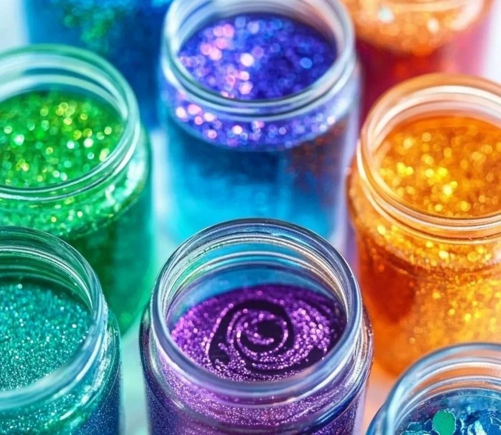 DIY homemade glitter jar with colorful glitter and calming liquid decoration